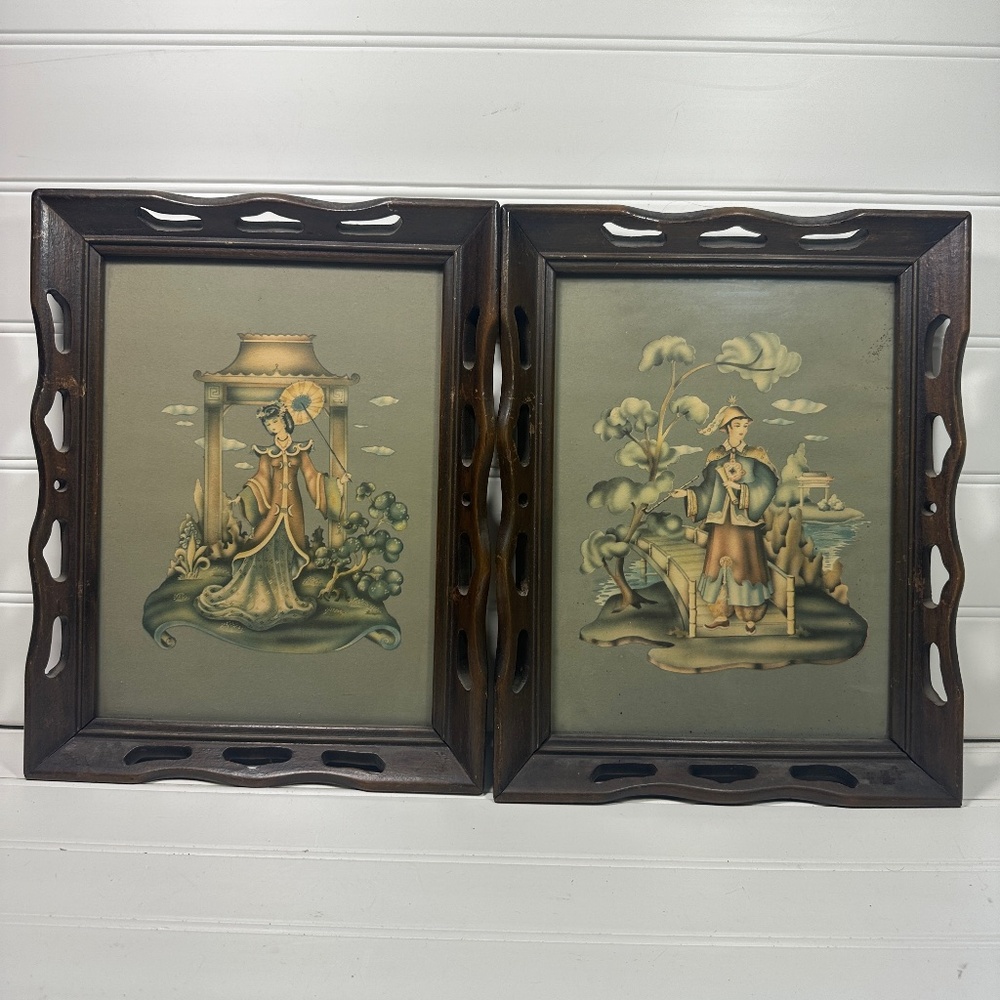 Pair of Framed Vintage Oriental Asian Deco Prints  Carved Wood Frames Woman Man